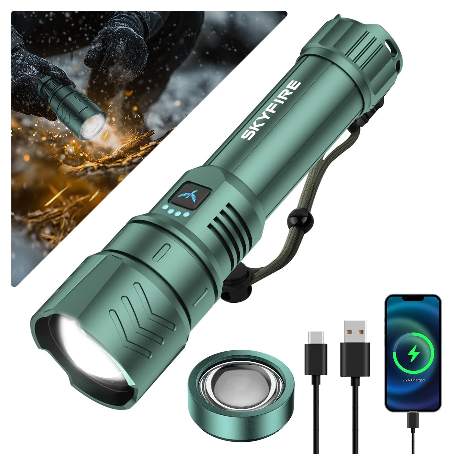 SKYFIRE LED Flashlights High Lumens with Ignition Lens,3000lm Super Bright Rechargeable Flashlight,Zoomable,4 Modes,Waterproof Tactical Flash Light for Camping Essentials,Outdoor and Home,Gift