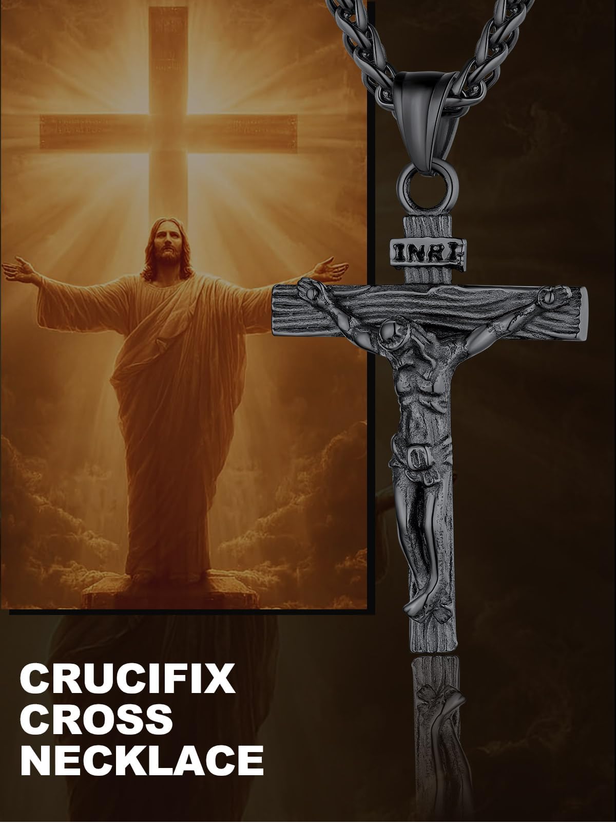 U7 Crucifix Cross Necklace Stainless Steel Crucifix Necklace Black Cross Pendant for Men with Rope Chain 22"(Black)