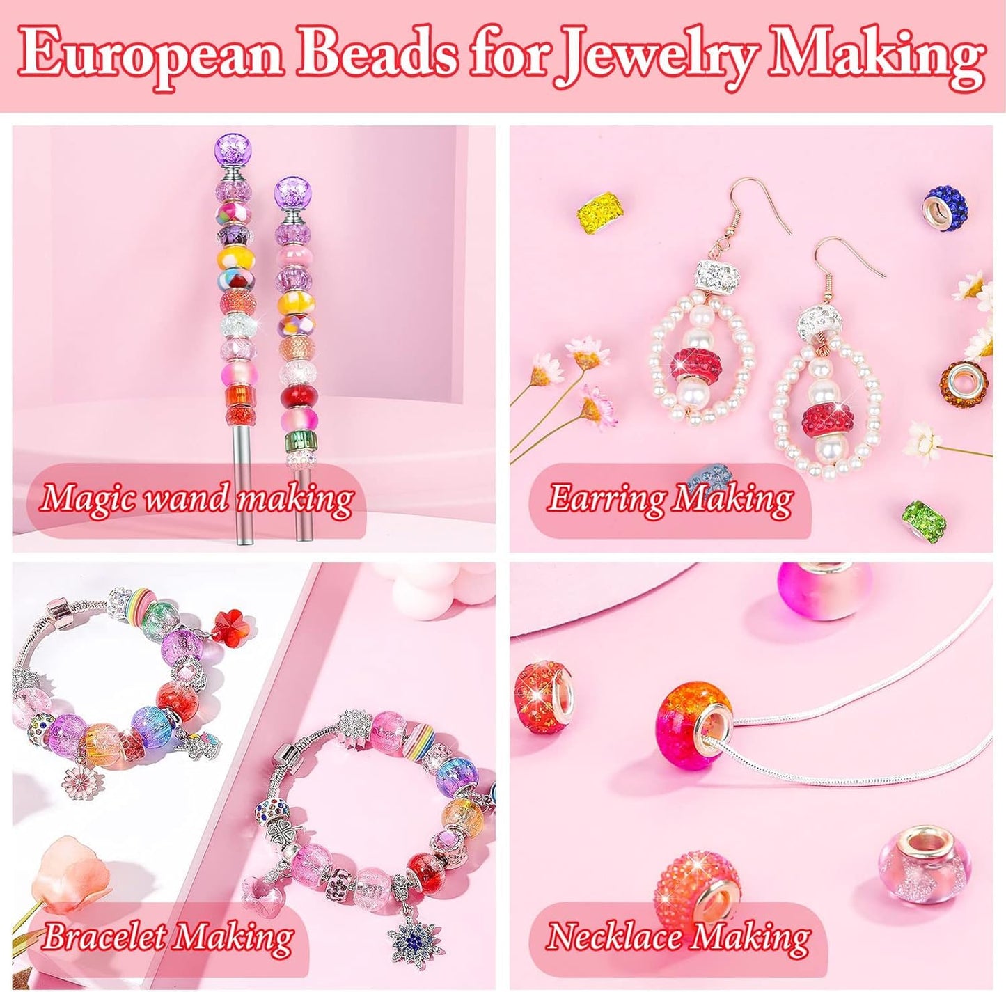 Cludoo Large Hole Glass Beads for Jewelry Making, 224PCS European Beads Bulk Mixed Color Spacer Bead with Rhinestones Lampwork Beads for DIY Craft Charms Bracelet Necklace Earring Making