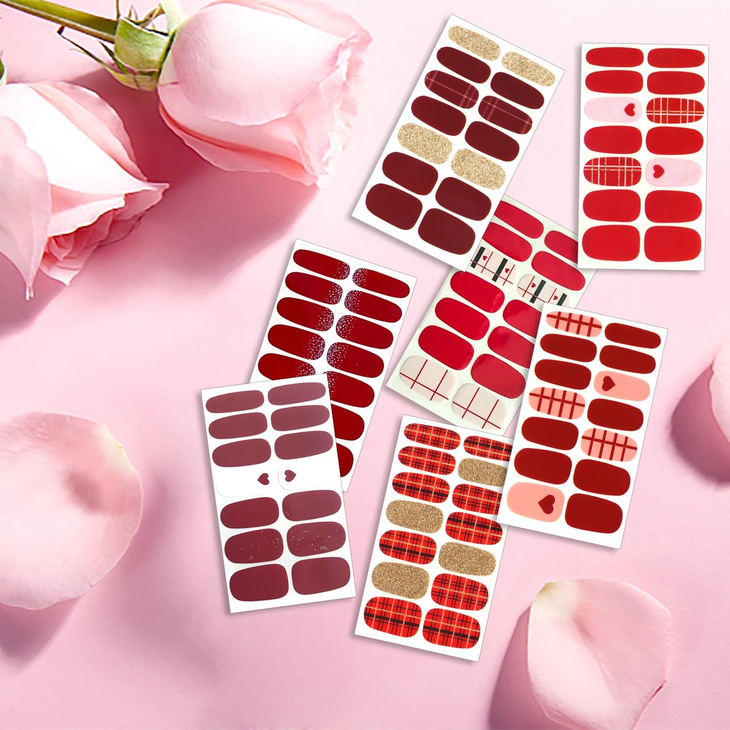SILPECWEE 16 Sheets Nail Polish Strips Red Plaid Solid Color Nail Wraps for Women Self Adhesive Nail Polish Stickers Gel Nail Strips Fingernail Manicure Sticker Nail Art