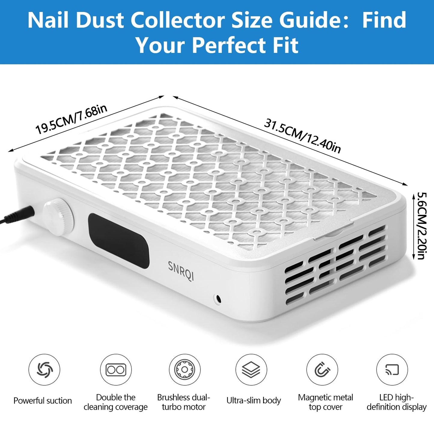 Risirica Rechargeable Nail Dust Collector, Powerful Dust Suction Machine with Nail Tech LED Display,Adjustable Speed Reusable Filter,Strainer Panel for Acrylic Nail Polishing,Salon & Home Use