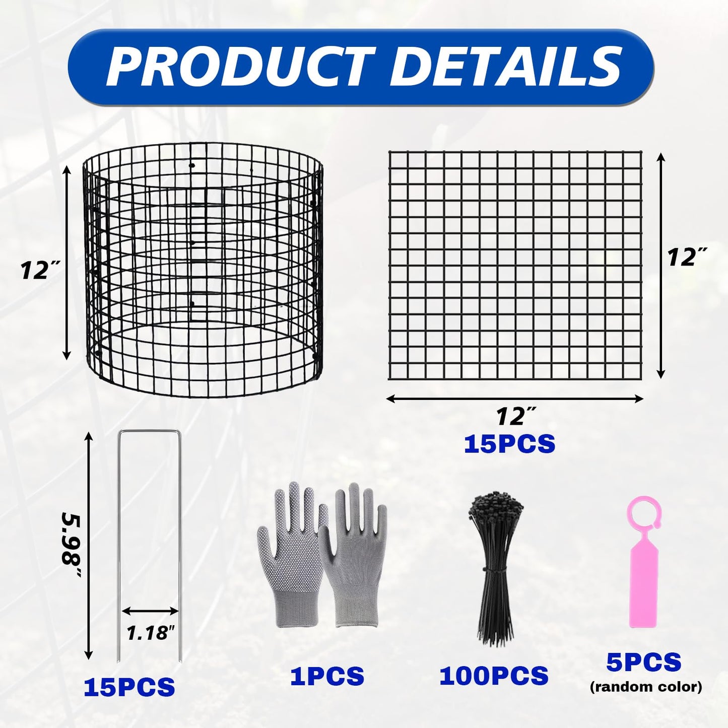 AUREZ 15 Pcs Large Wire Plant Protector from Animals, 5pack Metal Plant Cage Chicken Wire Cloche to Keep Rabbit,Squirrel Out(Black) (5pack 12''X12'')