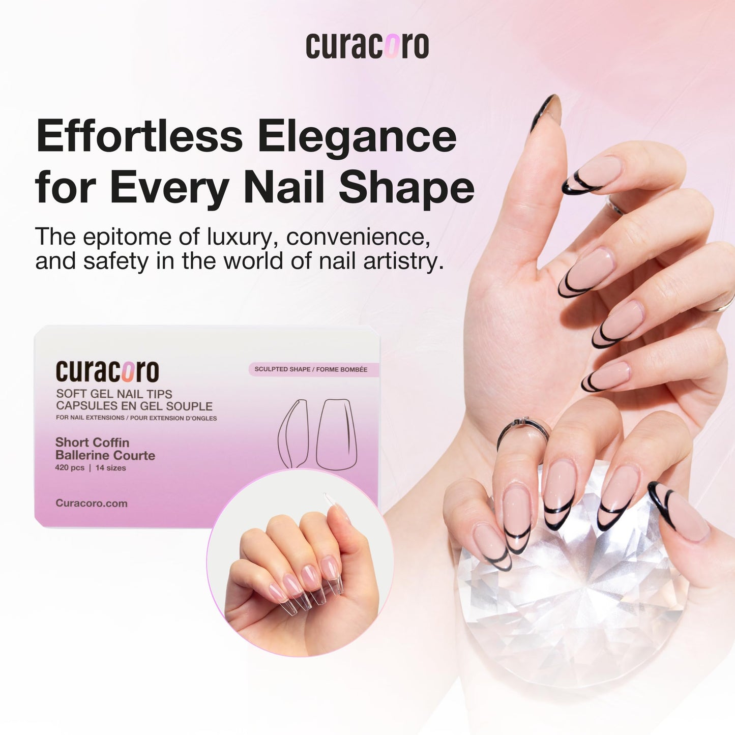 Curacoro Sculpted Short Coffin Gel Nail Tips 420Pcs, Clear Full Cover Soft Acrylic Tips 14 Sizes, Easy to Use, Long-Lasting, Glossy Finish