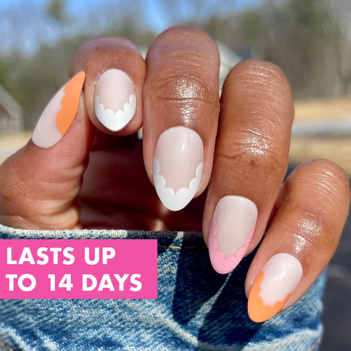 Olive & June Maximalist Instant Mani Press-On Nails (Glue) | 42 Fake Nails, 21 Sizes | Non-Toxic, Long-Lasting Big, Bold Gorgeous Realistic Look | Salon-Quality | Medium, Almond | Scalloped French