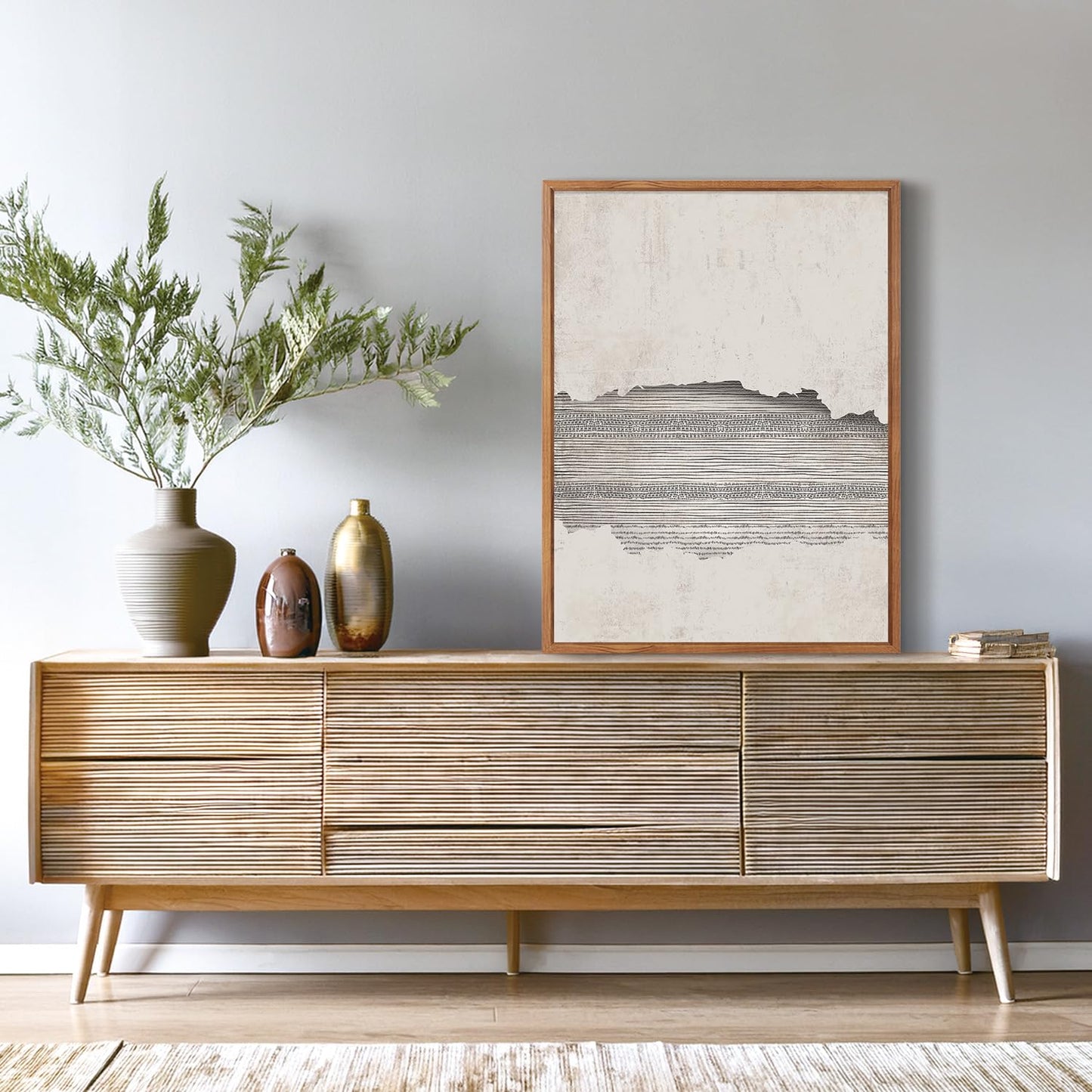 CHDITB Abstract Minimalist Framed Canvas Wall Art Set Of 3, Modern Mid Century Wall Decor, Geometric Line Textured Inspired Artwork, Neutral Art Print For Living Room Office Bedroom Decor (12X16 Inch)
