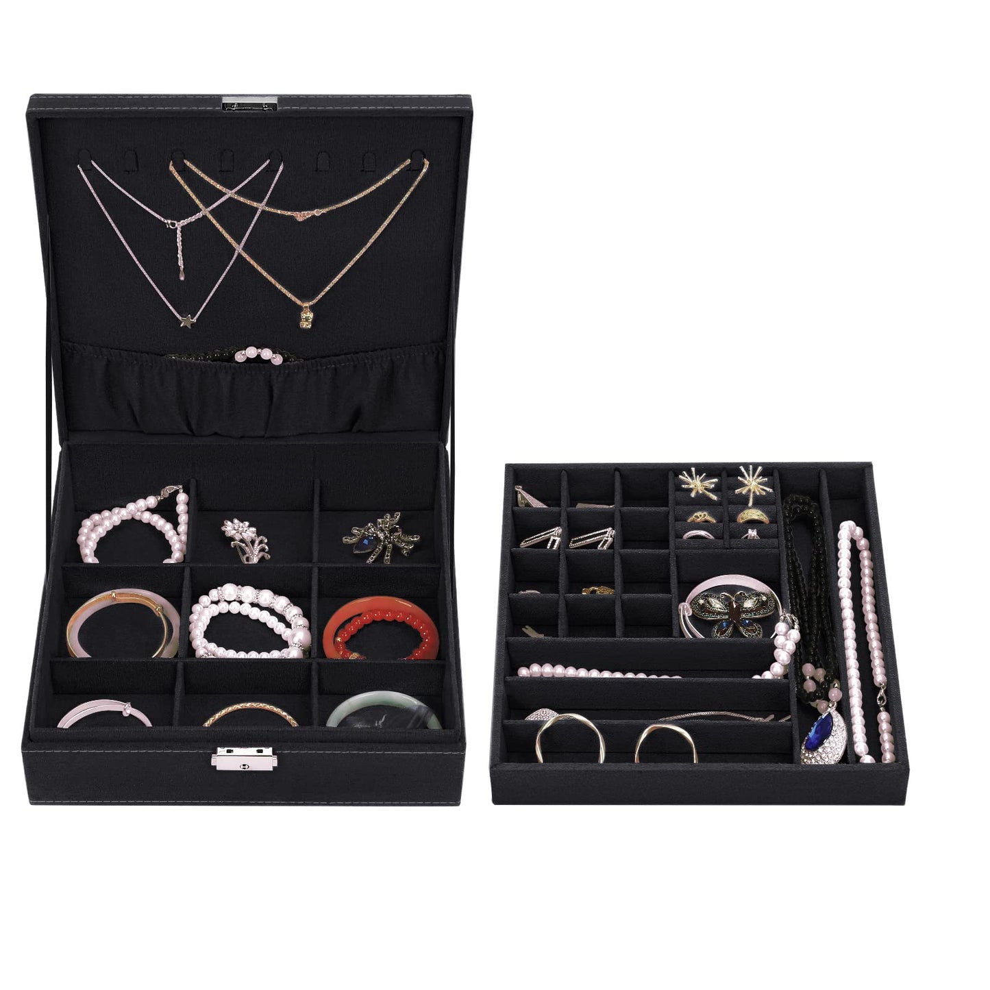 MOSISO Jewelry Box, Jewelry Storage Case Organizer Stackable Double Layer Lockable Display for Women Velvet Necklace Earring Bracelet Ring Watch Brooch Holder, Black