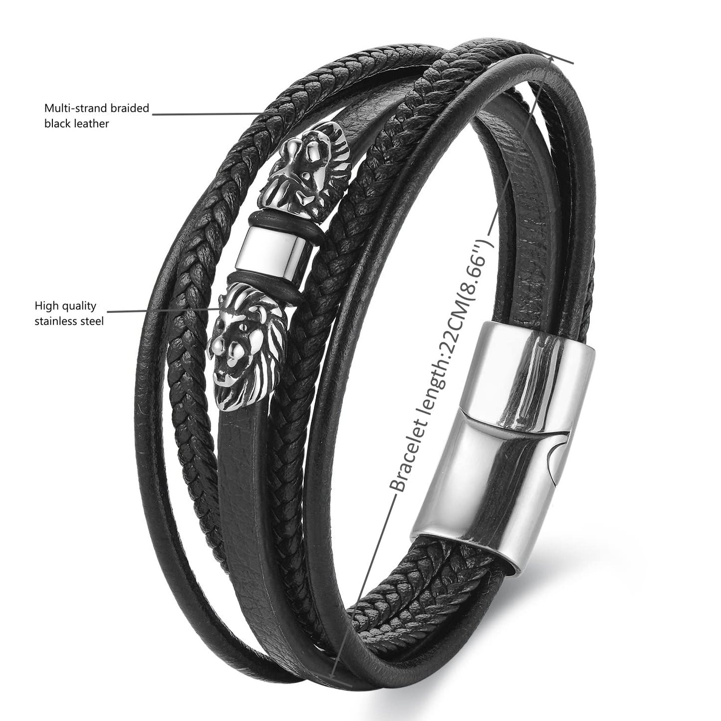 BIYONGDE Mens Stainless Steel Vintage Double Lion Heads Multi-strand Black Leather Bangle Bracelet, Minimalist Classic