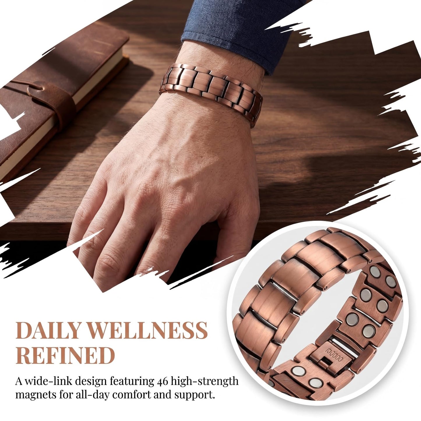 Picalela Magnetic Copper Bracelet for Women & Men (Unisex) – 99% Pure Solid Copper with 46 Magnets, Adjustable Wide-Link Design to Boost Circulation & Alleviate Fatigue (Copper)