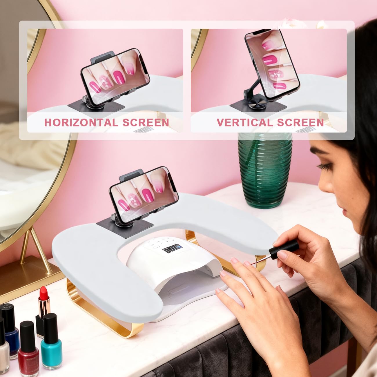 EHERDM Arm Rest for Nails Tech U-Shaped Hand Pillow with Rotating Adjustable Phone Holder Soft Comfortable Hands Cushion Manicure Tool for Home and Art Nail Salon
