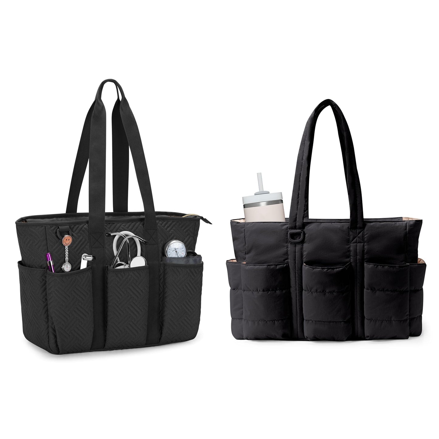 Fasrom 2PCS Nurse Tote Bag Bundle for Work, Structured Clinical Bag and Lightweight Puffer Nursing Tote, Multi-Pocket Nurse Bags for Nurses, Nursing Students, Home Health Care, Black