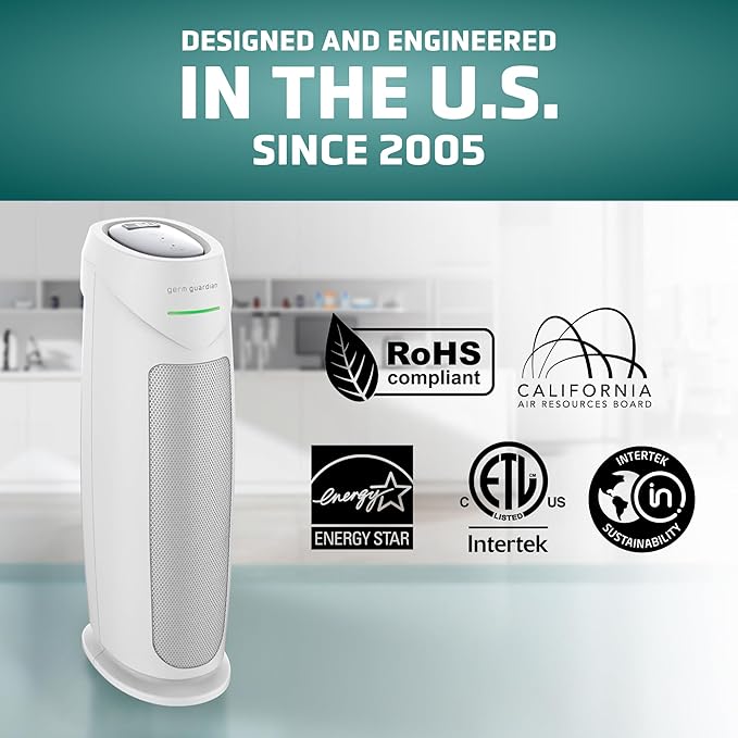 GermGuardian Home Air Purifiers, HEPA Air Purifiers for Home, UV C Light, Air Quality Sensor, HEPA Pure Filter, Covers 743 Sq.Ft, White AC4880W