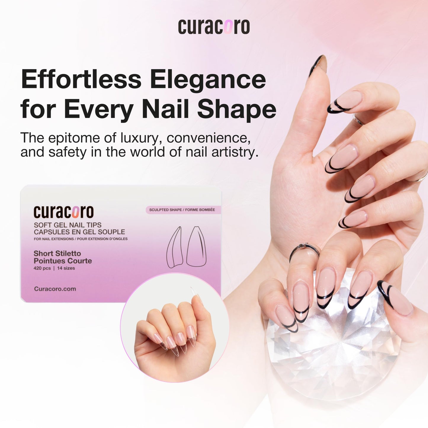 Curacoro Sculpted Short Stiletto Gel Nail Tips 420Pcs, Clear Full Cover Soft Acrylic Tips 14 Sizes, Easy to Use, Long-Lasting, Glossy Finish