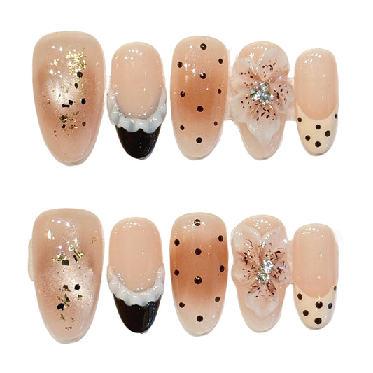 Handmade Press On Nails Medium Almond Nude Ppink Polka Dot French Carving Reusable Wedding Prom And Festival Gift Handmade Acrylic Press On Nails Aacrylic Nail (M)
