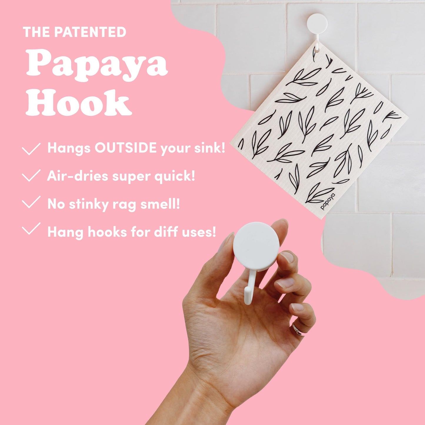 Papaya Reusable Paper Towels, Premium Swedish Dishcloths with Hook, Non-Scratch Reusable Paper Towel, 1 Sheet Replaces 17 Rolls - 4 Sheets, 2 Hooks