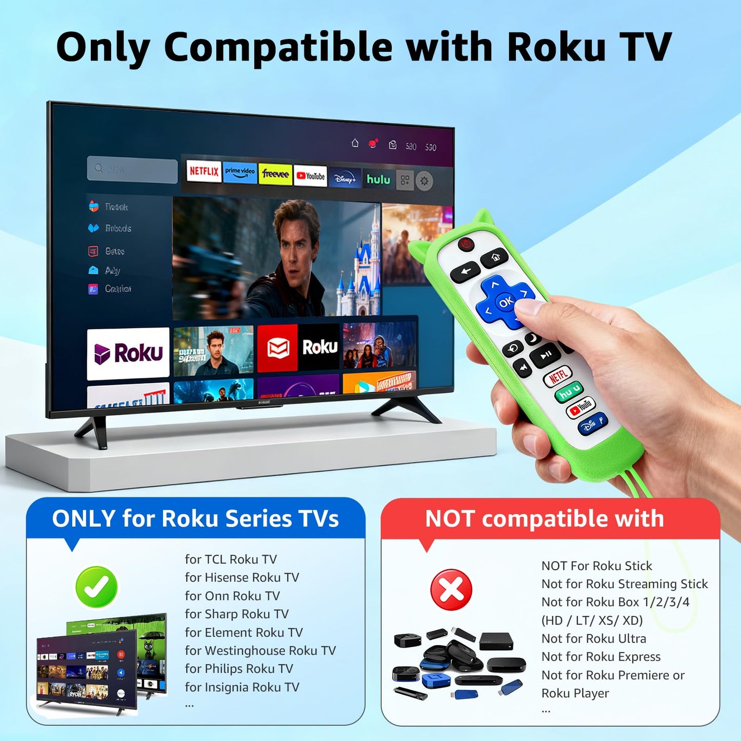 (Pack of 2) ONEBOM Replacement Remote for Roku TV with Soft Protective Silicone Cover(Glow in The Dark), Universal Remote for TCL/Hisense/Sharp/Onn/Element/Philips Roku Smart TV