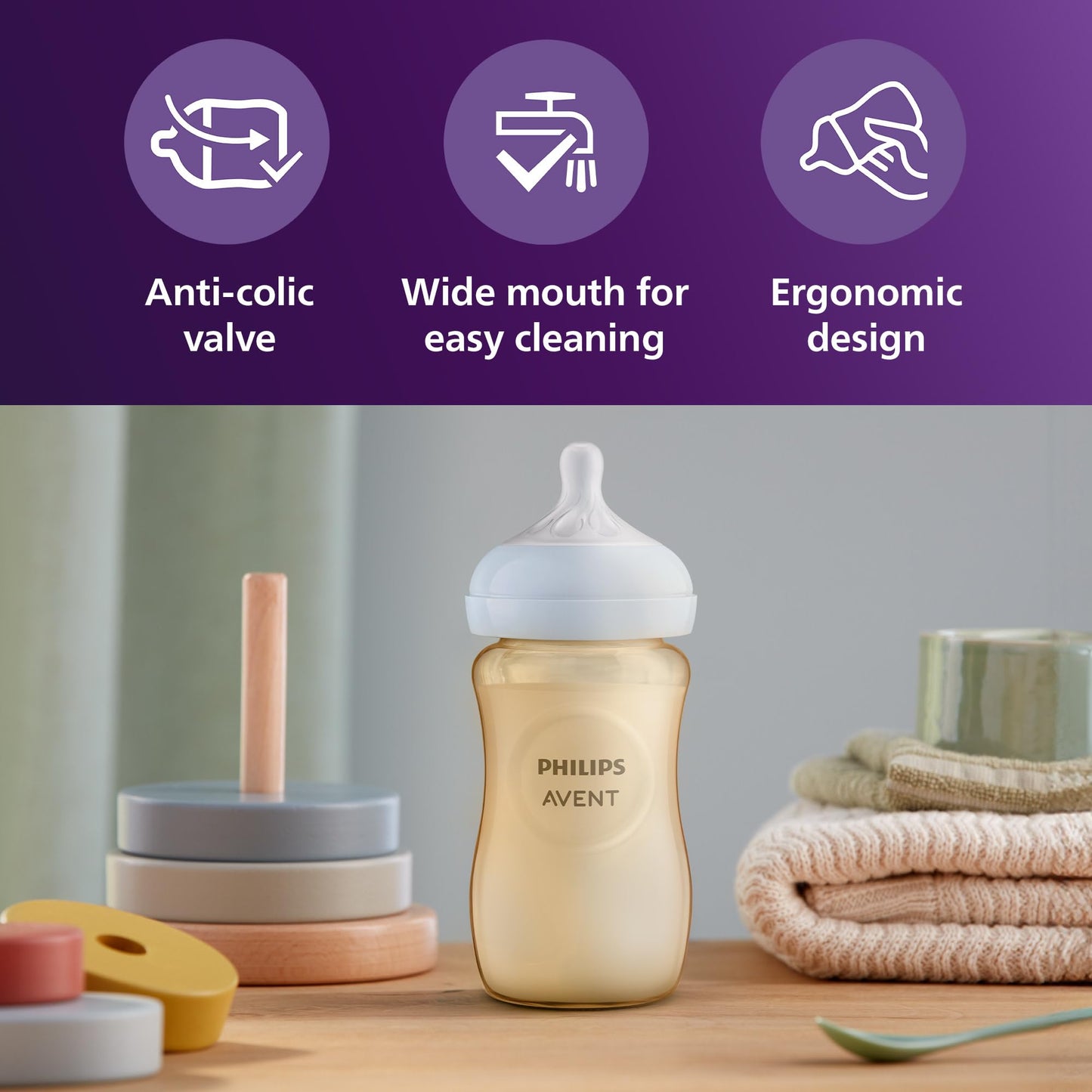 Philips Avent PPSU Natural Baby Bottles - with Medium Flow Nipples (Flow 3), 9oz, 2-Pack, SCY943/12