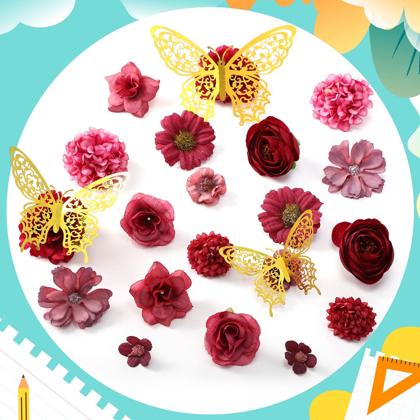 Gilprop 56 Pcs Graduation Grad Cap Decorations Kit DIY Glitter Card Stock Construction Paper Bow Artificial Flower Heads 3D Butterfly Rhinestones Letter Stickers Adhesive Dots for Grad Hat(Red)