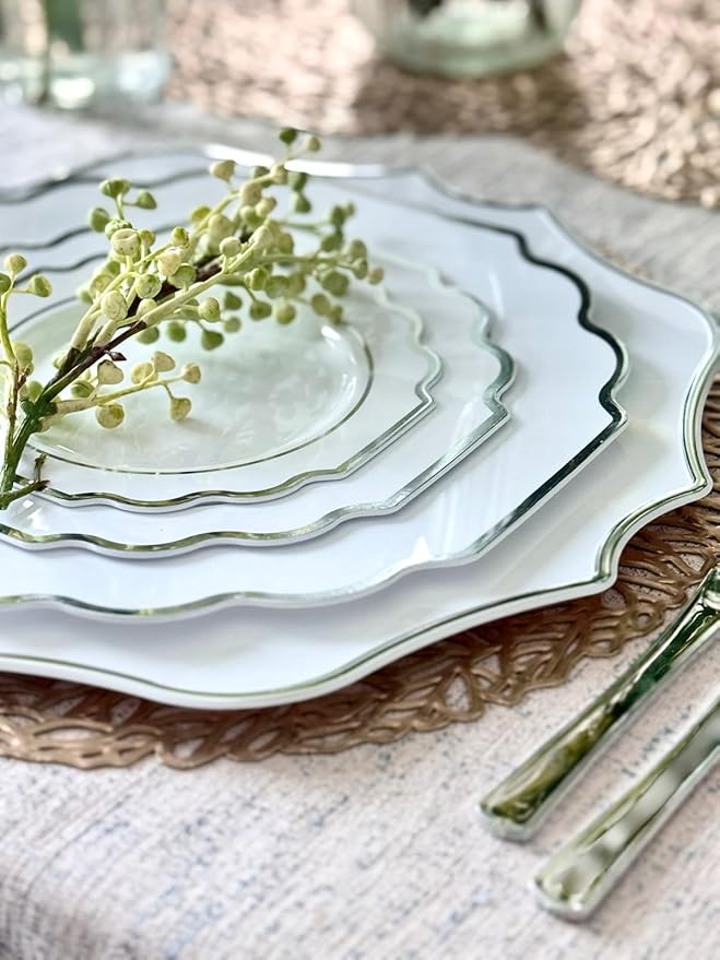 OCCASIONS 40 Piece Disposable Plastic Charger Plates 13.25'' Heavyweight BPA-Free, Bulk Party Plate Chargers for Weddings & Events, White & Silver Scalloped Imperial Collection