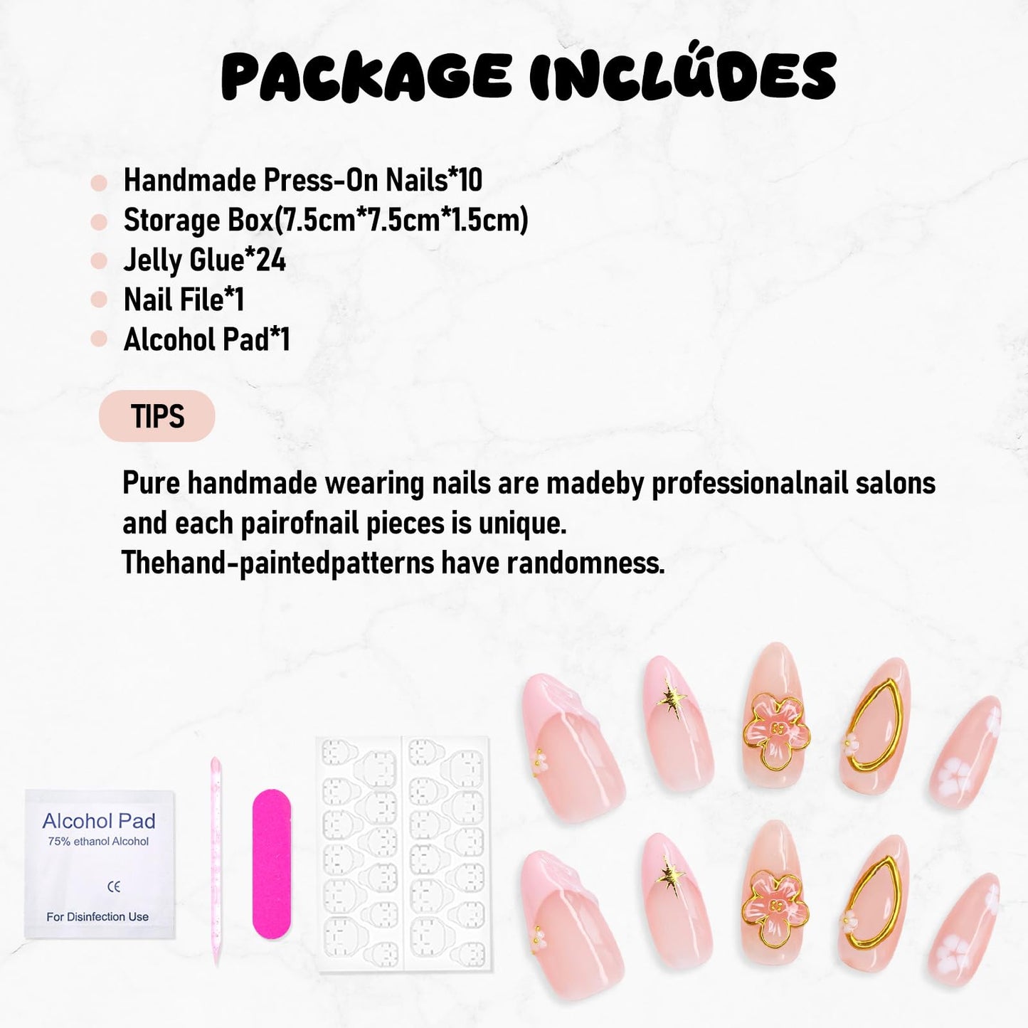 Handmade Press on Nails Medium Almond Fake Nails with 3D Gold Embossed & Flower Design Salon Quality Thickened Acrylic False Nail Full Cover Pink French Tips Stick on Nail for Women（Size M）