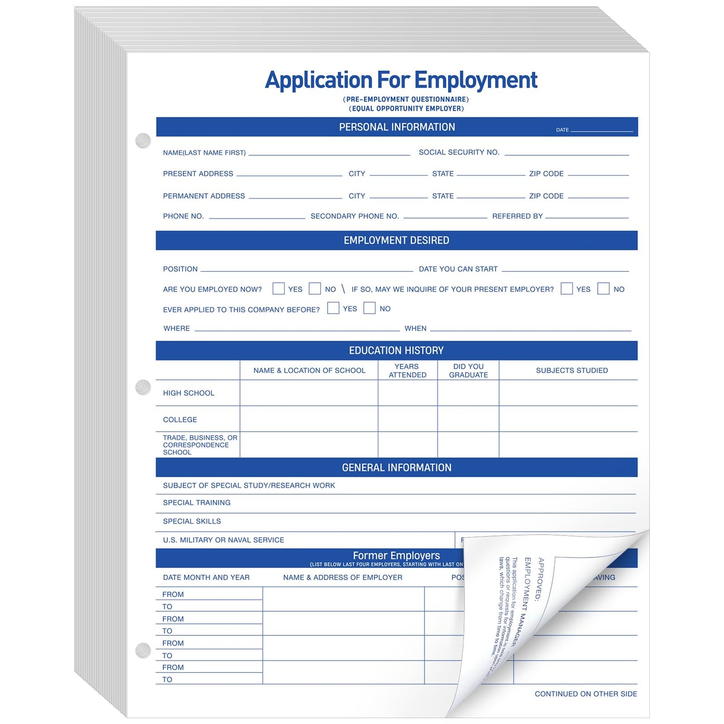 Qilery 200 Sheets Applications for Employment 2 Sided Job Application Form 8.5 x 11 Inch Compliant 3 Hole Employment Forms for Recording Employee Personal Detail