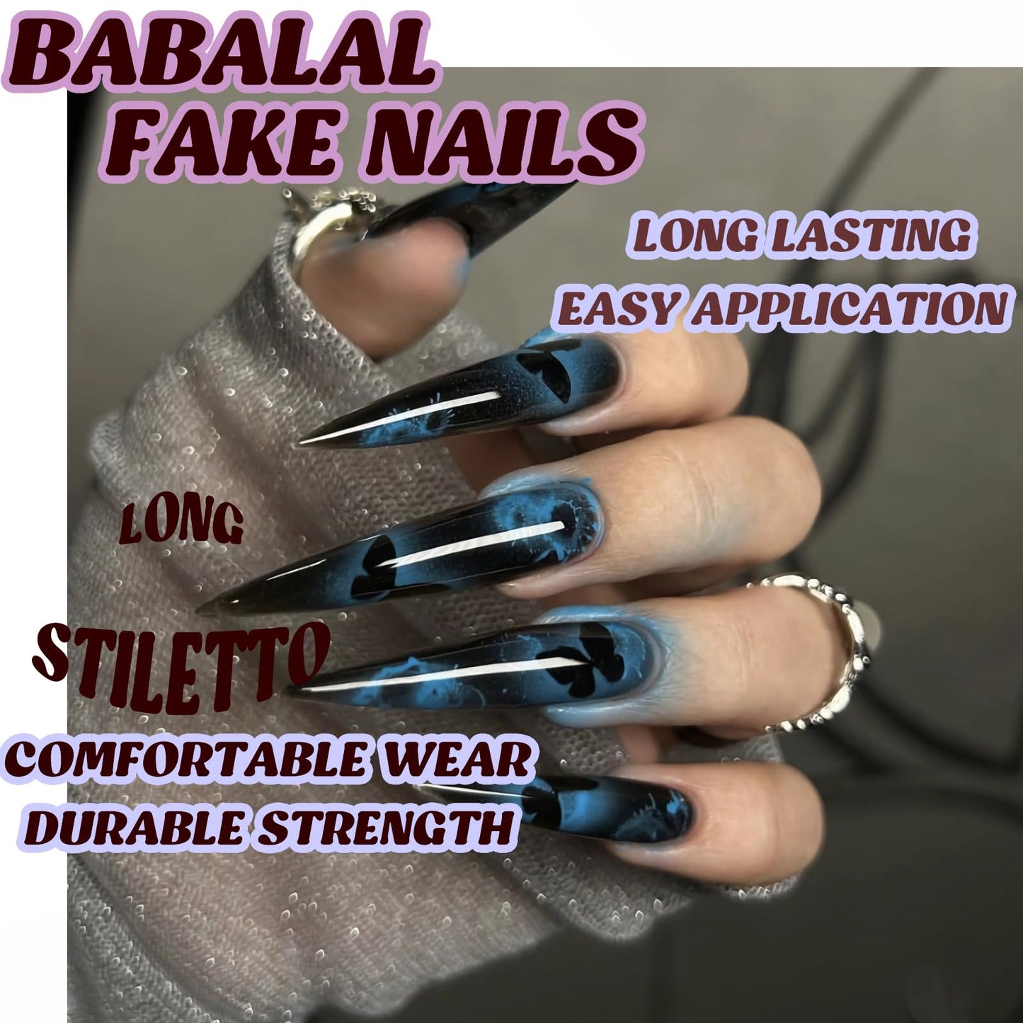 BABALAL Long Stiletto Press on Nails Almond Fake Nails Black Goth Blue Butterfly Y2k Glue on Acrylic False Nails Supplies Art 24Pcs Glossy Manicure Artificial Full Cover