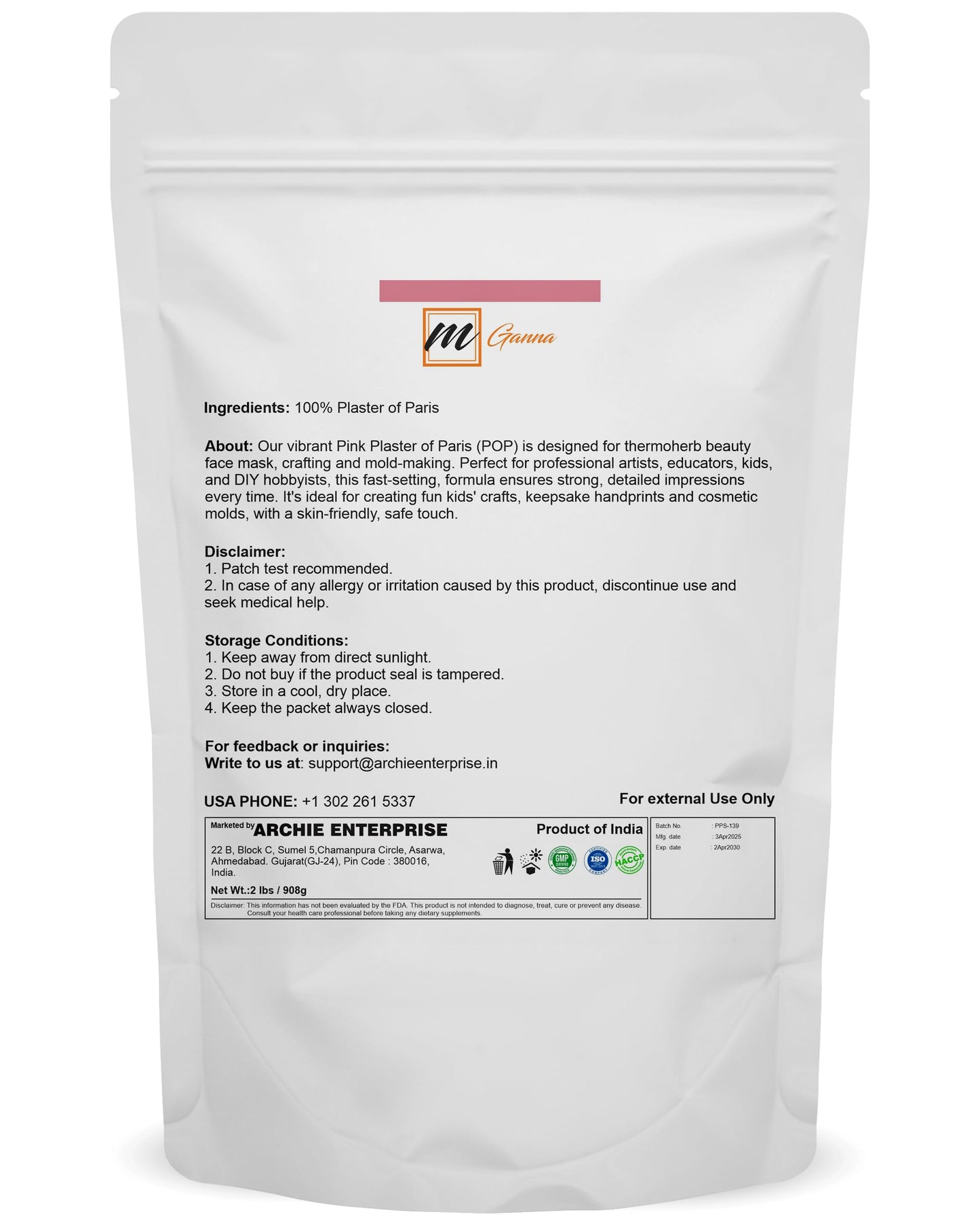 mGanna Pink Plaster of Paris (POP) 908 g / 2 lbs – Thermoherb Beauty Face Mask, Crafting and Mold-Making