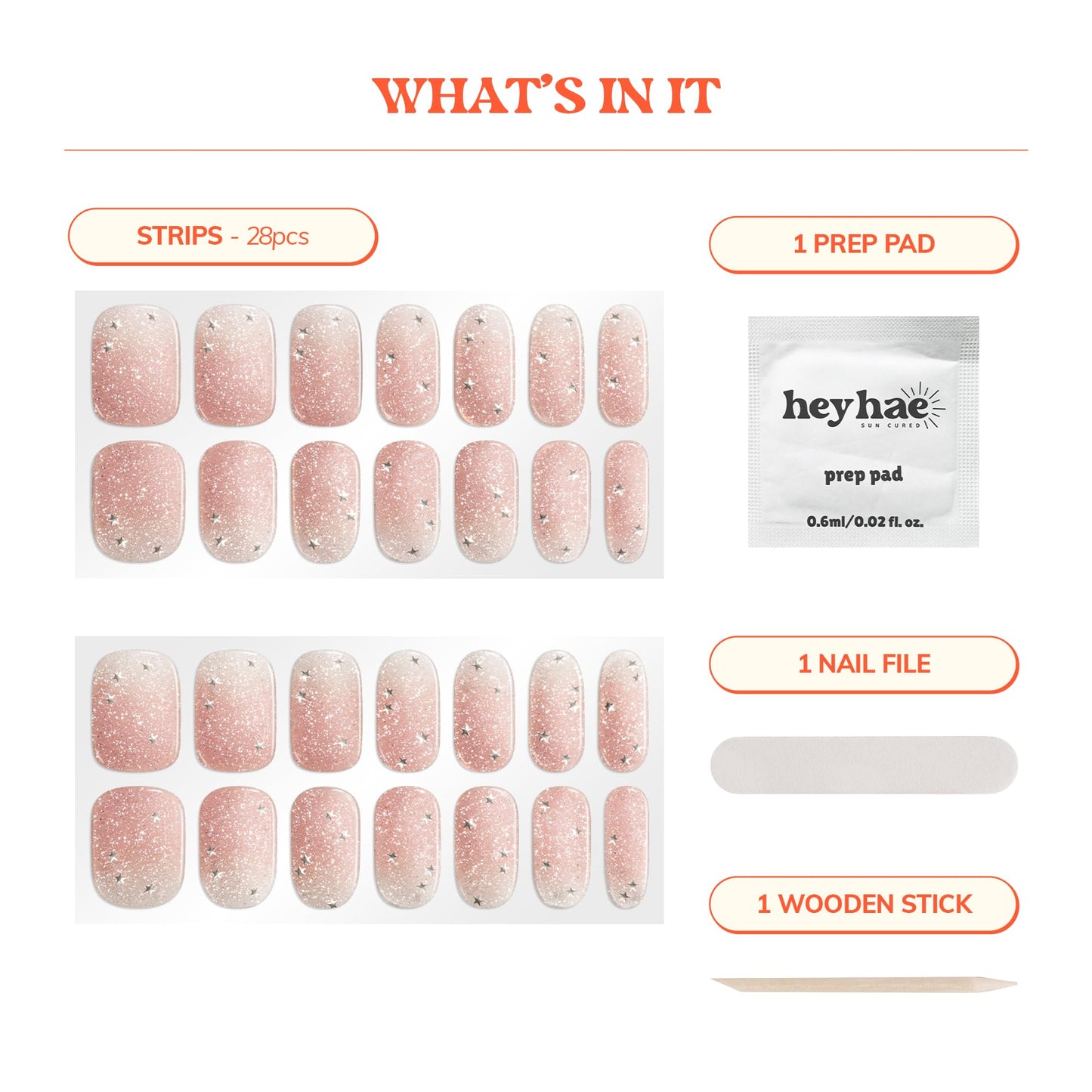 Heyhae Semi Cured Gel Nail Strips | No LED Lamp Needed | Glitter, Pink | Easy Apply & Remove, Salon Quality | Includes 28 Strips, 1 Prep Pads, Nail File & Wooden Stick - Hey, Rosé All Day