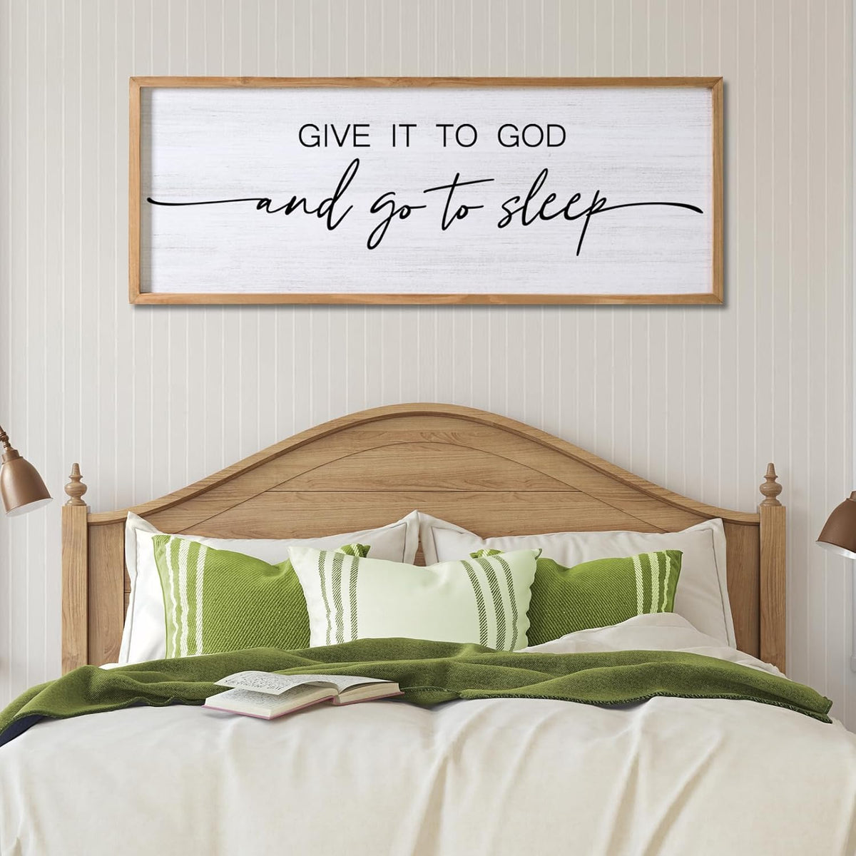 Give It to God and Go to Sleep Decorative Rustic Sign & Plaque Framed Wall Art for Couples, 40''×15'' Vintage Cottagecore Wooden Horizontal Wall Decor Above Bed, Farmhouse Wedding Gift for Bedroom