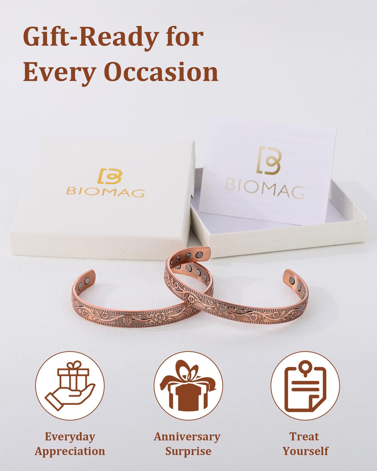 BioMag 2 Pcs Magnetic Copper Bracelet for Women Men, 99.99% Pure Copper Cuff Bangle with with 12 Pcs 3500 Gauss Magnets, Adjustable Size, Floral Vine Design