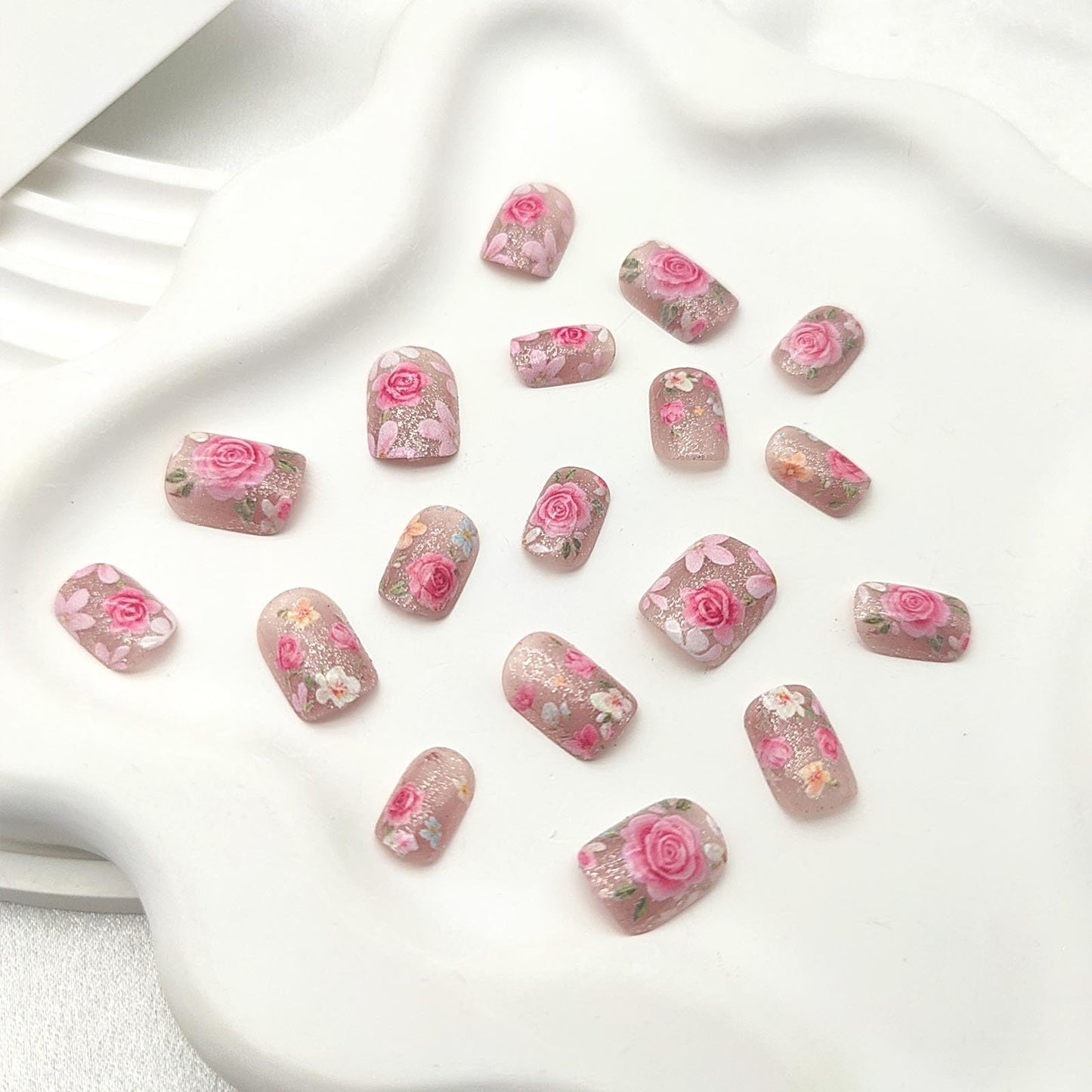 Floral Press on Nails Short Square Fake Nails with Flower Glitter Designs Cute Nails Press ons Pink Glue on Nails Glossy Acrylic Nails Summer Stick on Nails for Women 24Pcs