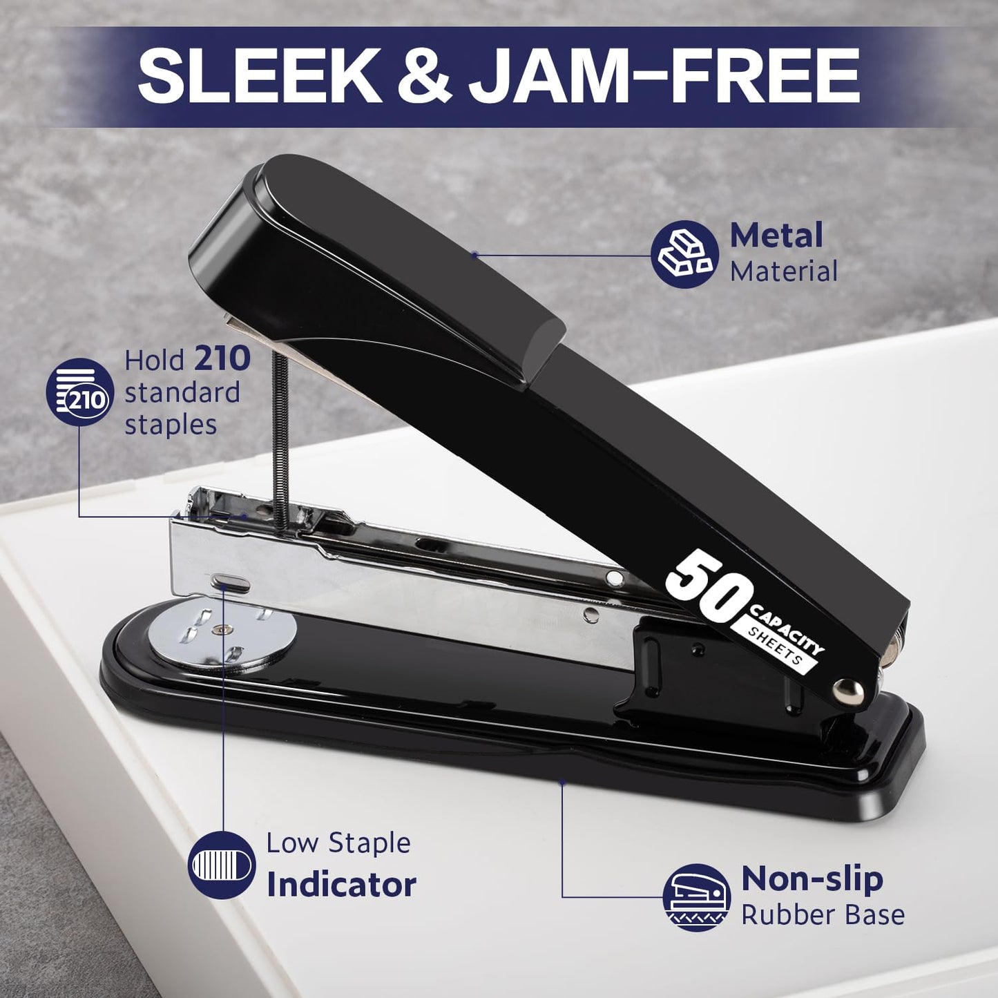 Deli Stapler Heavy Duty, Full Strip Staplers for Desk with 2000 Staples and Staple Remover, 50 Sheet Capacity, No Jam, Non-Slip Office Stapler with Staples for Office, Classroom, Black