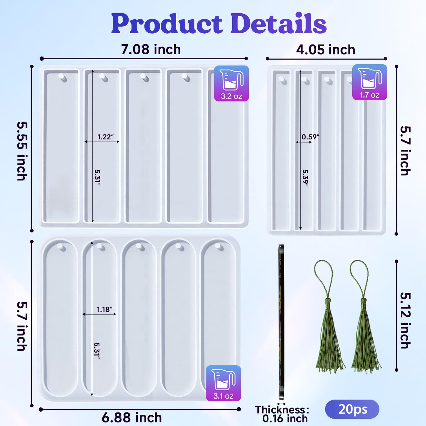 LET'S RESIN Bookmark Silicone Molds Set - 3 Shapes with 20Pcs Tassels for Epoxy Resin, Resin Bookmark Molds Silicone for DIY Handmade Bookmarks & Personalized Craft Gifts