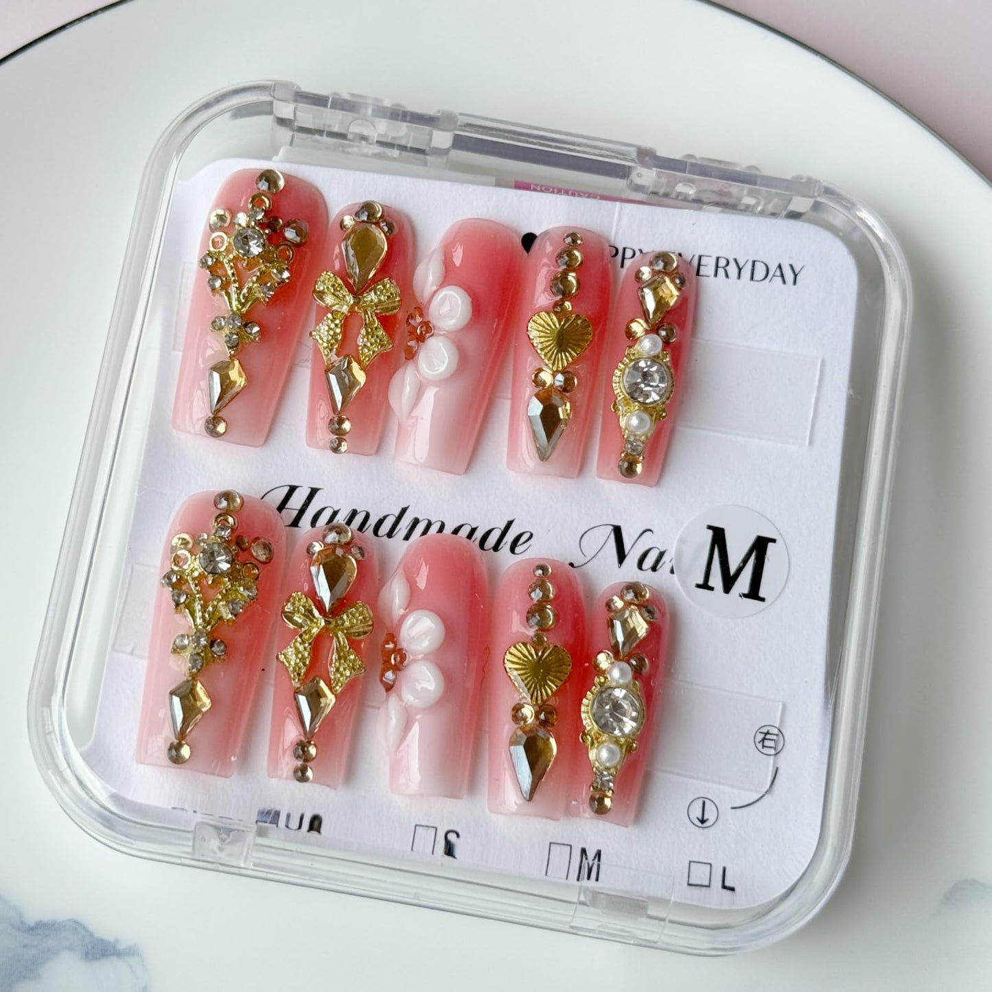 Haozerart Luxury Handmade Press on Nails Long Square Pink Fake Nails with Gold Rhinestones Reusable False Nails Kit for Women Daily Party Use 10Pcs M Size