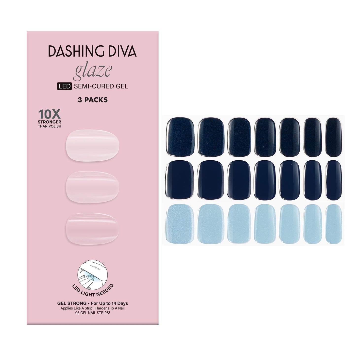 Dashing Diva Glaze Nail Strip 3-in-1 Kit - Best of Blues - Long Lasting, Chip Resistant, Semi-Cured Gel Nail Strips - Contains 96 strips, 3 prep pads, 3 manicure sticks, 1 nail file