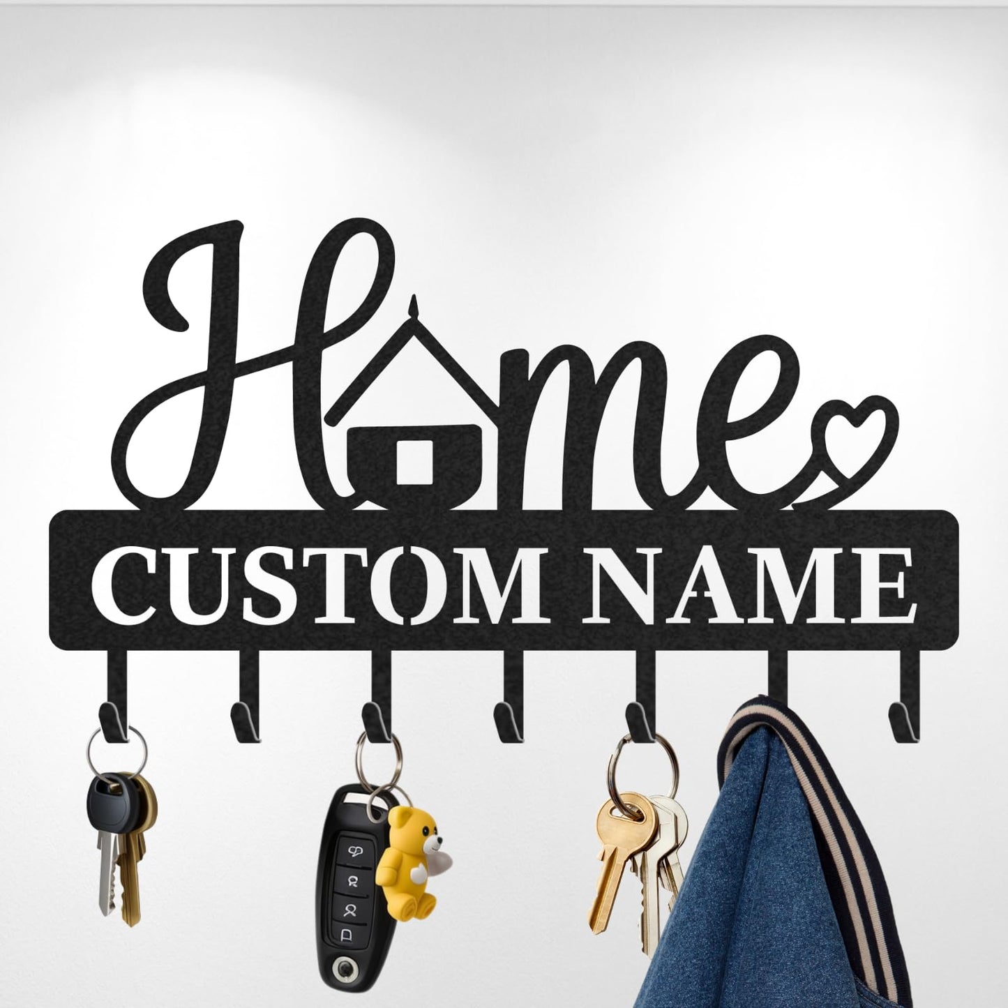 LOWACOS Personalized Key Holder Rack, Custom Home Script Key Rack & Jacket Hanger, Wall-Mount Entryway Organizer with Metal Hooks, Modern Home Décor, Great Gift for Family, Friends or New Homeowners