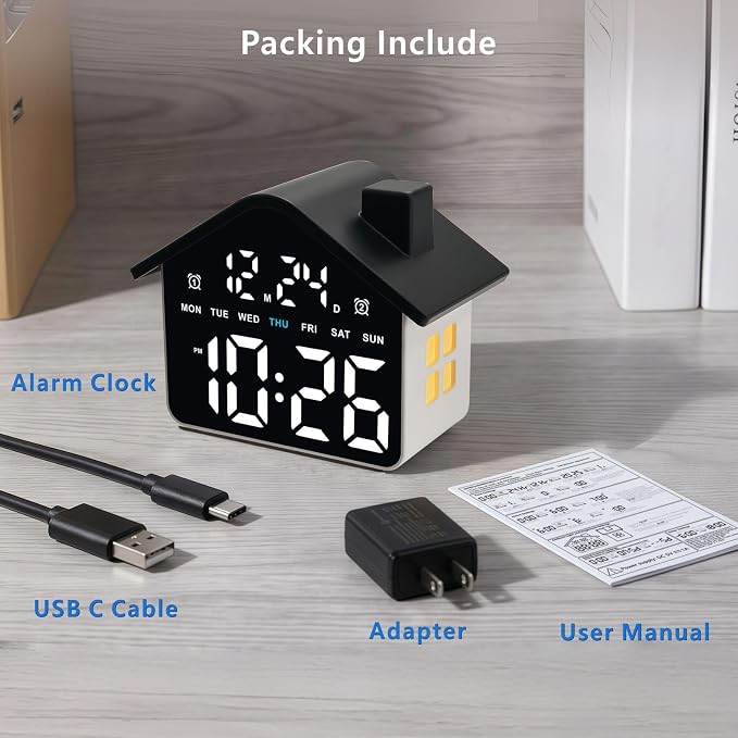 Plumeet Digital Alarm Clock, Bedroom Clock with Large Numbers, Date, Week, Dual Alarms, Dimmer and Ambient Light, House-Shaped Electric Bedside Desk Clock, Adapter Batteries Powered, Black