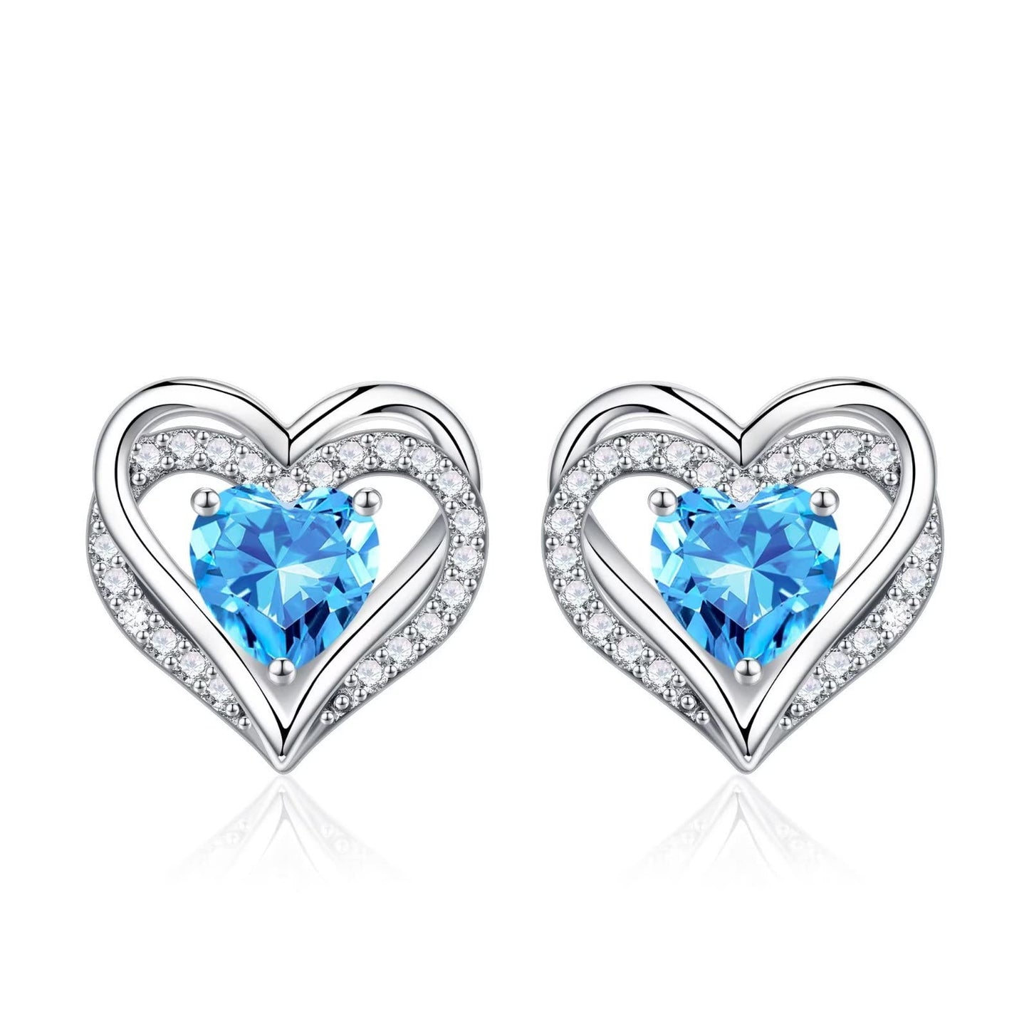 Iefil Earrings for Women, 925 Sterling Silver March Birthstone Blue Aquamarine Heart Stud Earrings for Women