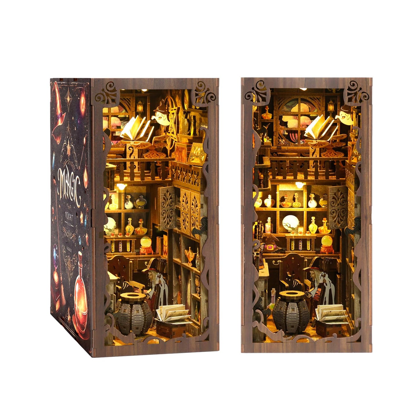 NEXTIPS Magic Academy Book Nook Kit with LED Lights - 3D Wooden DIY Miniature Library for Bookshelf Decor, Gift for Harry Potter Fans
