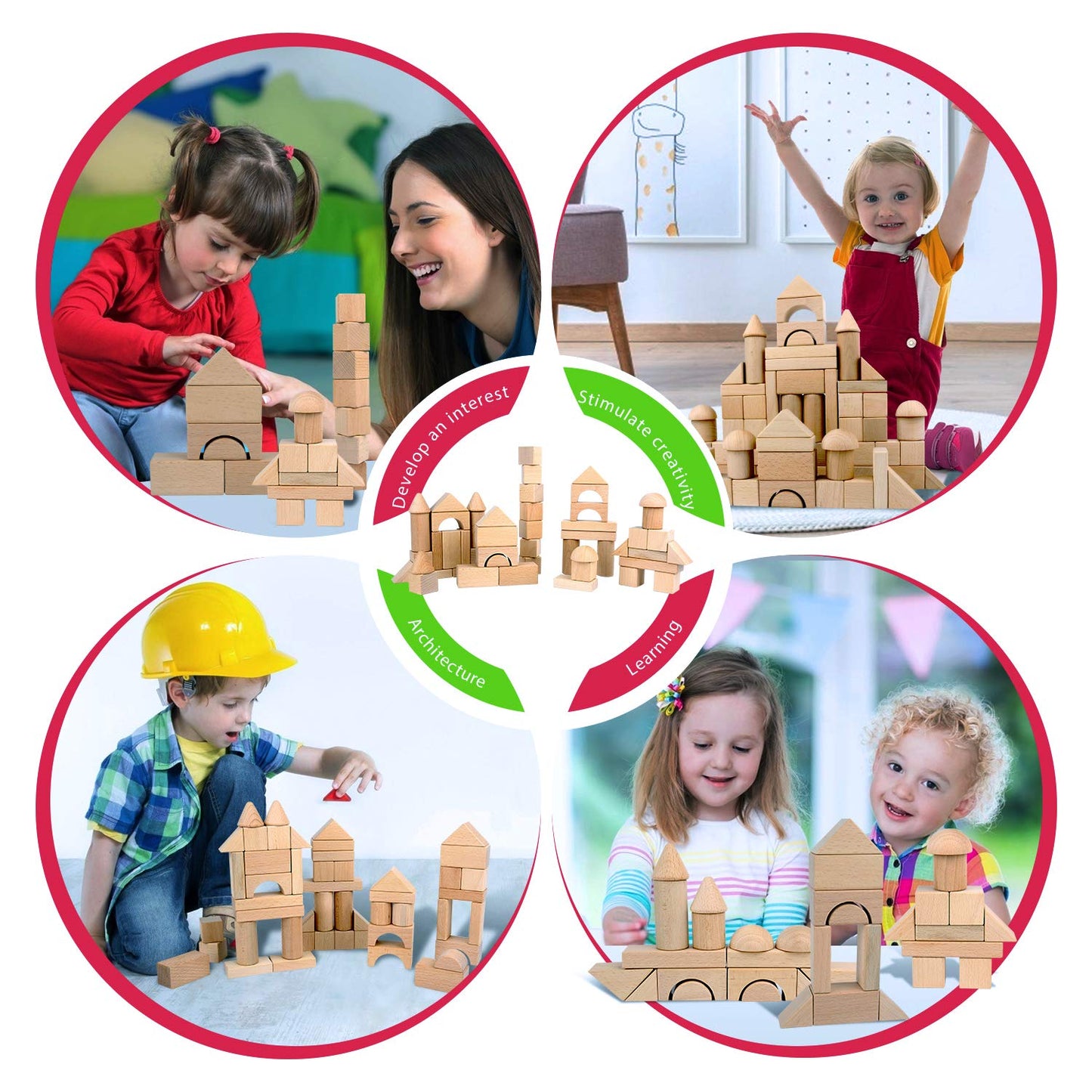 Migargle Wooden Building Blocks Set, 80-Pcs Preschool Stacking Construction Educational Toys for Kids Ages 3+