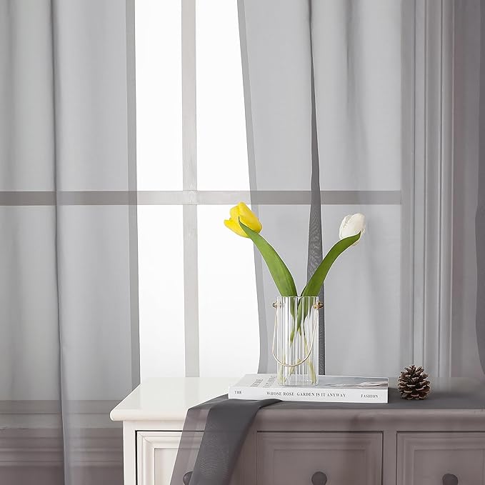 Lecloud Charcoal Grey Sheer Curtains 90 Inches Long 2 Panels, Light Filtering Voile Breathable Curtains, Privacy Solid Window Treatments with Rod Pocket for Bedroom Living Room, Each 42" W x 90" L