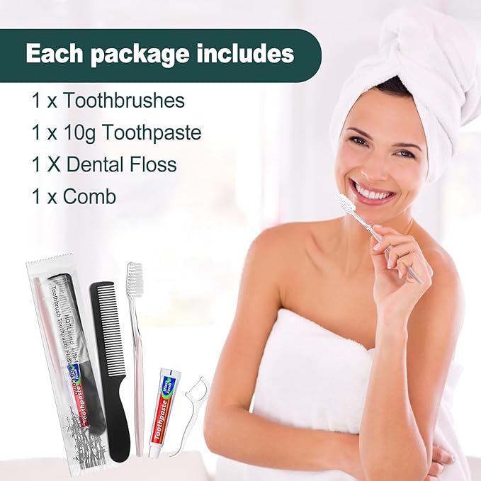 20pcs Disposable Toothbrushes with Toothpaste and Comb Floss Individually Wrapped, 4-in-1 Bulk Toothbrush Kit with 2 Color Toothbrush,10g Toothpaste,7 inch Comb, Floss Pick for Homeless,Hotel