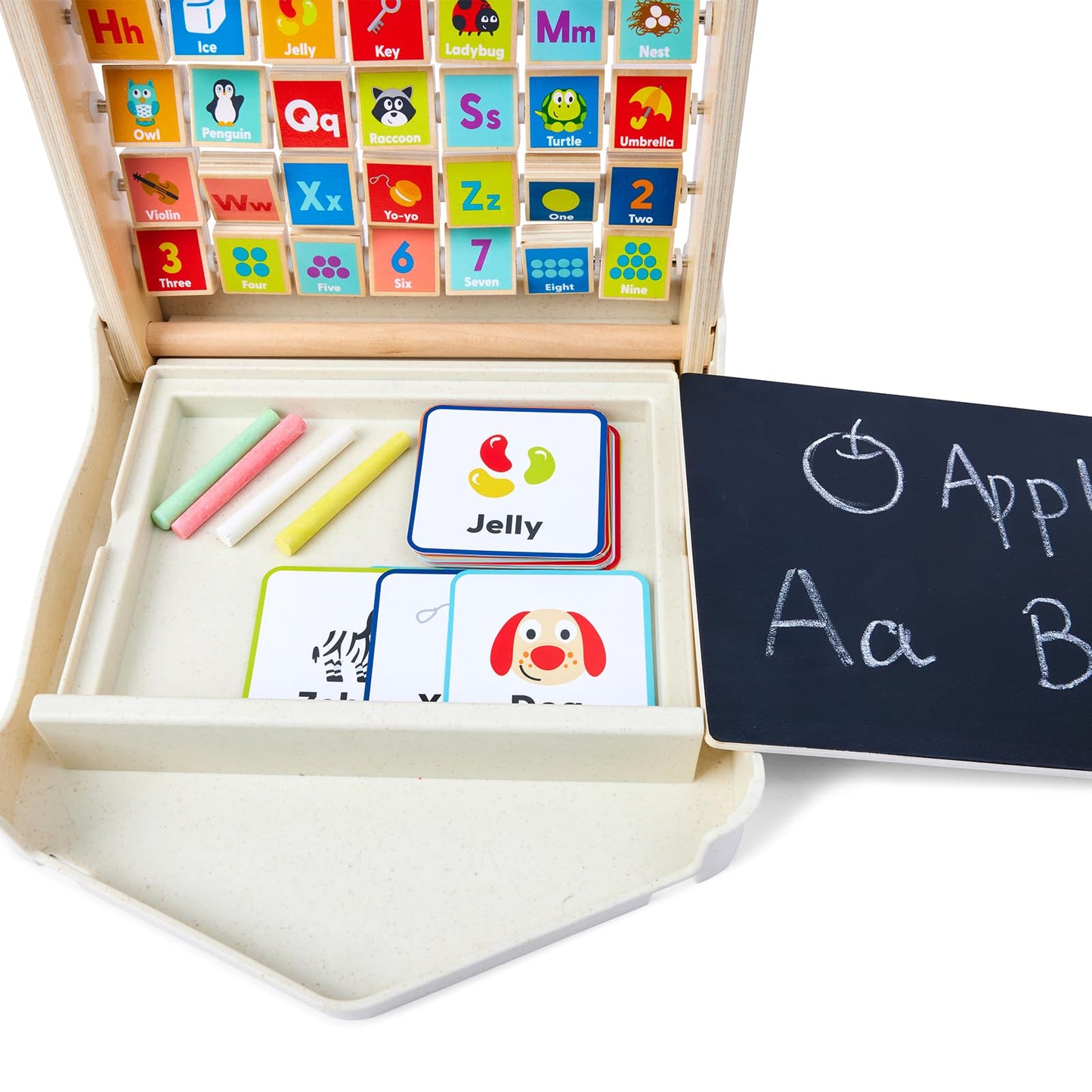 Hape Alphabet Learning Pack & Chalkboard Set for Toddlers - 35 Letter and Number Cards with Writing Board and Chalk - Educational STEM Toy for 3-6 Year Olds - Portable Travel Learning Case