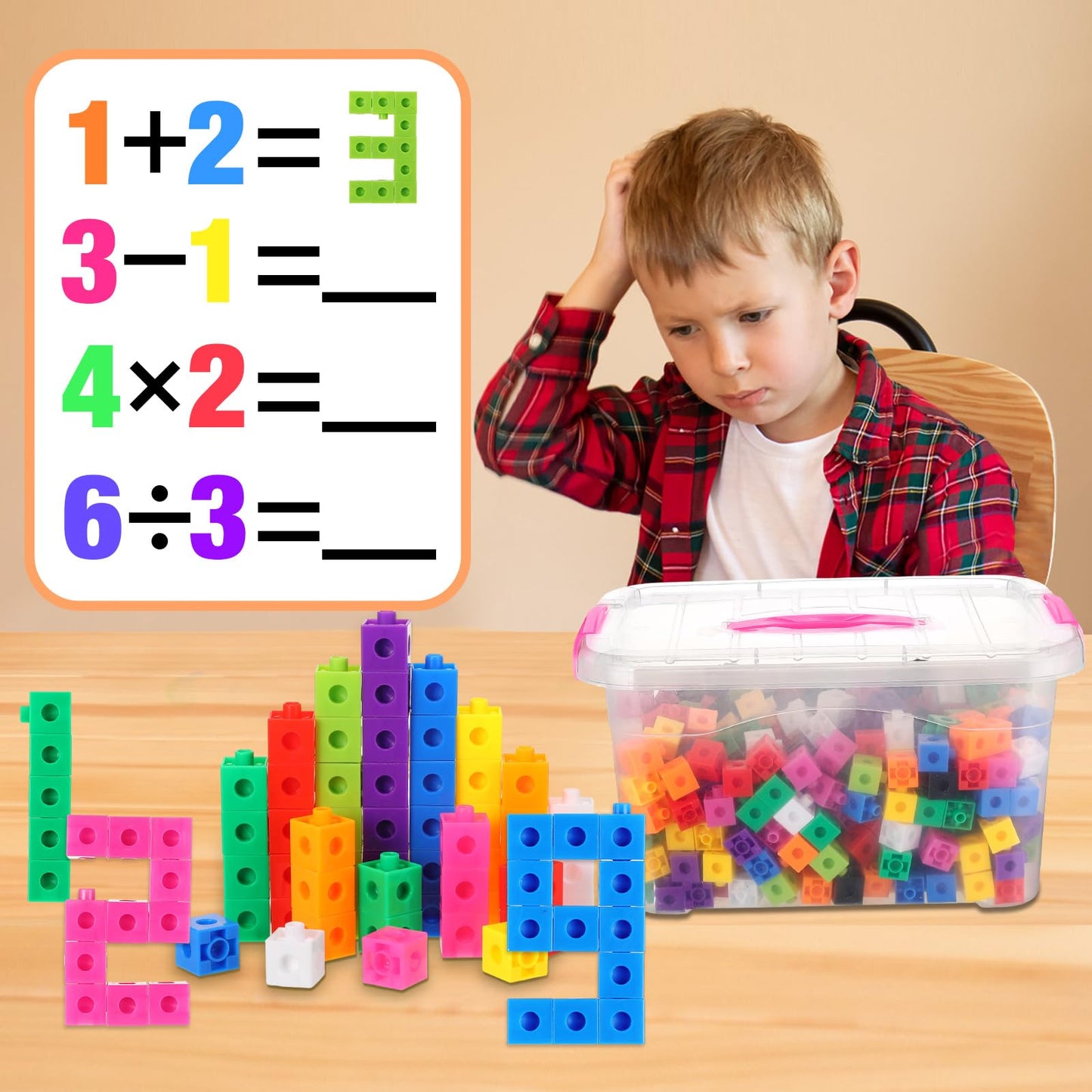 Jenaai 500 Pcs Math Learning Linking Cube with Storage Container Counting Cubes, Colorful Plastic Counting Blocks, Manipulatives Classroom Learning Supplies for Educational(Pink)