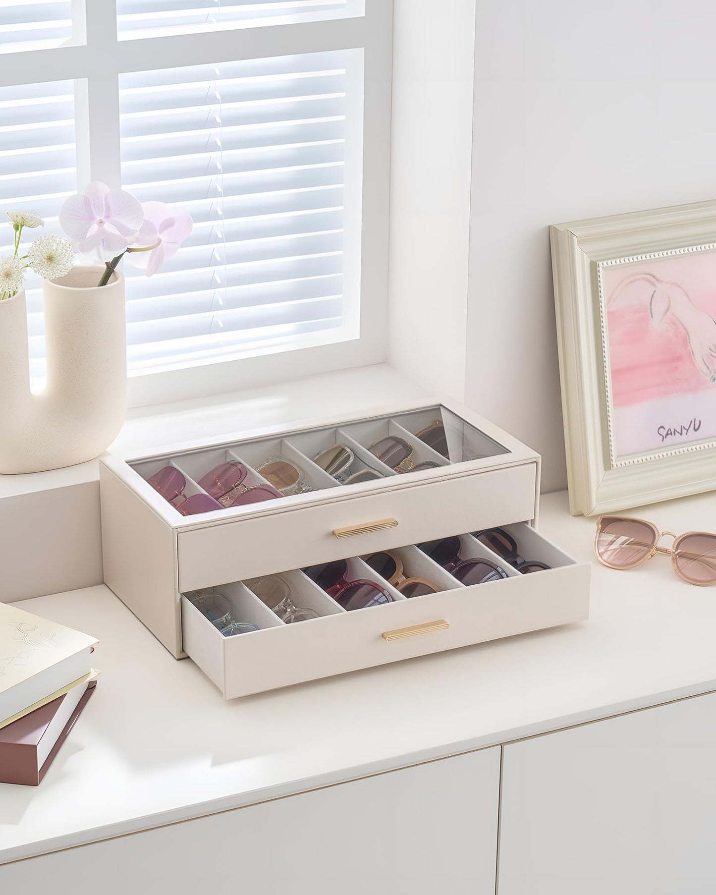 Lolalet 12 Slots 2-Layer Sunglasses Storage Box for Women, Eyewear Eye Glass Sunglass Organizer with Clear Top Lid Display Holder Case for Eyeglass Watch Jewelry, Mothers Day Gifts -Beige