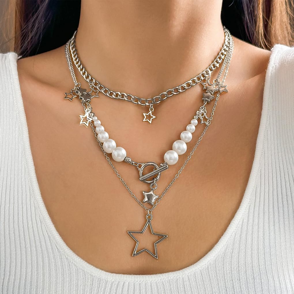 Stringex Layered Silver Y2k Star Pendant Necklaces Set for Women Stackable Stars Pearls Choker Necklace Adjustable Toggle Chain Necklaces Jewelry Accessories