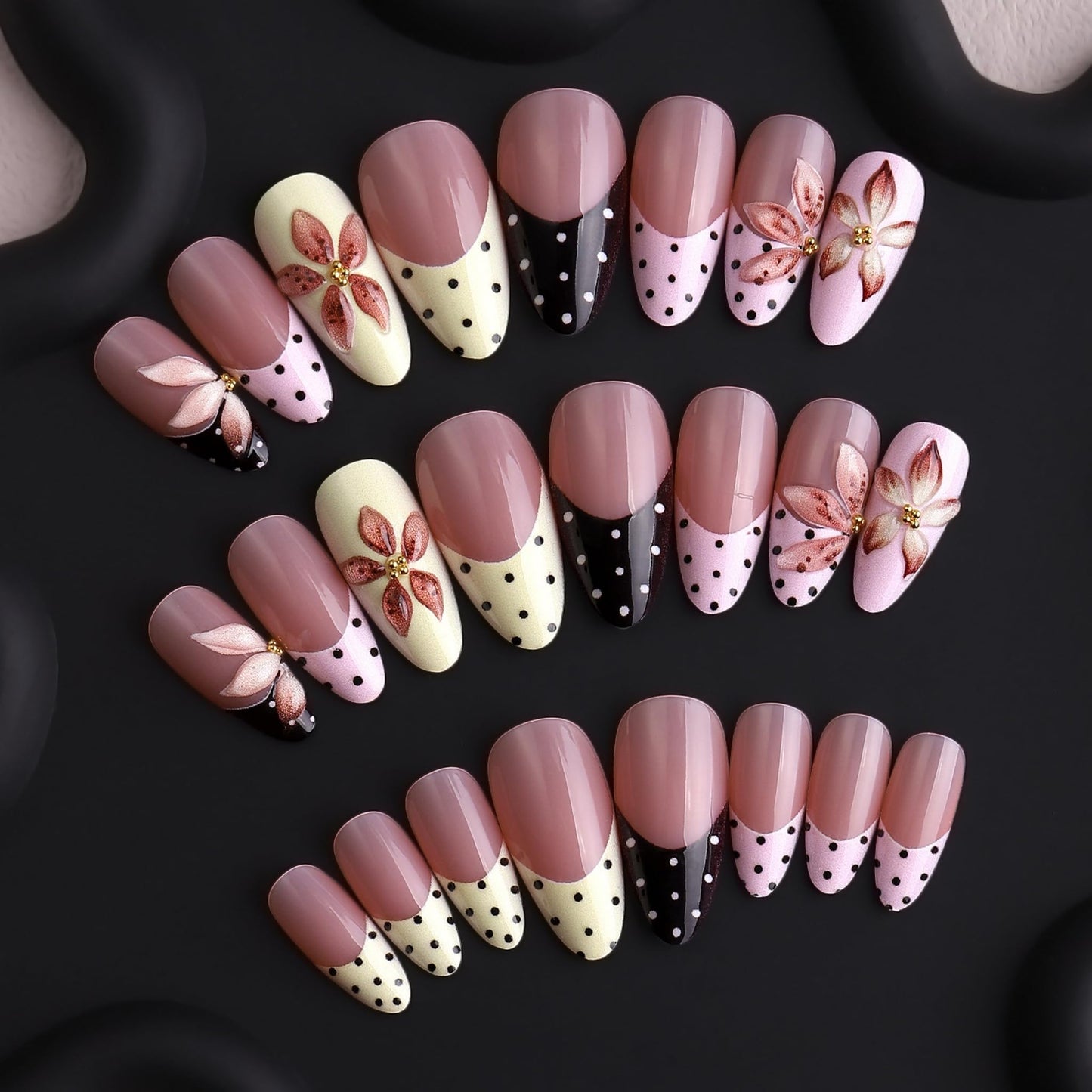 Almond Press on Nails Long Fake Nails French Artificial Nail Pink Flowers Handmade Stick on Nail for Women 24pcs