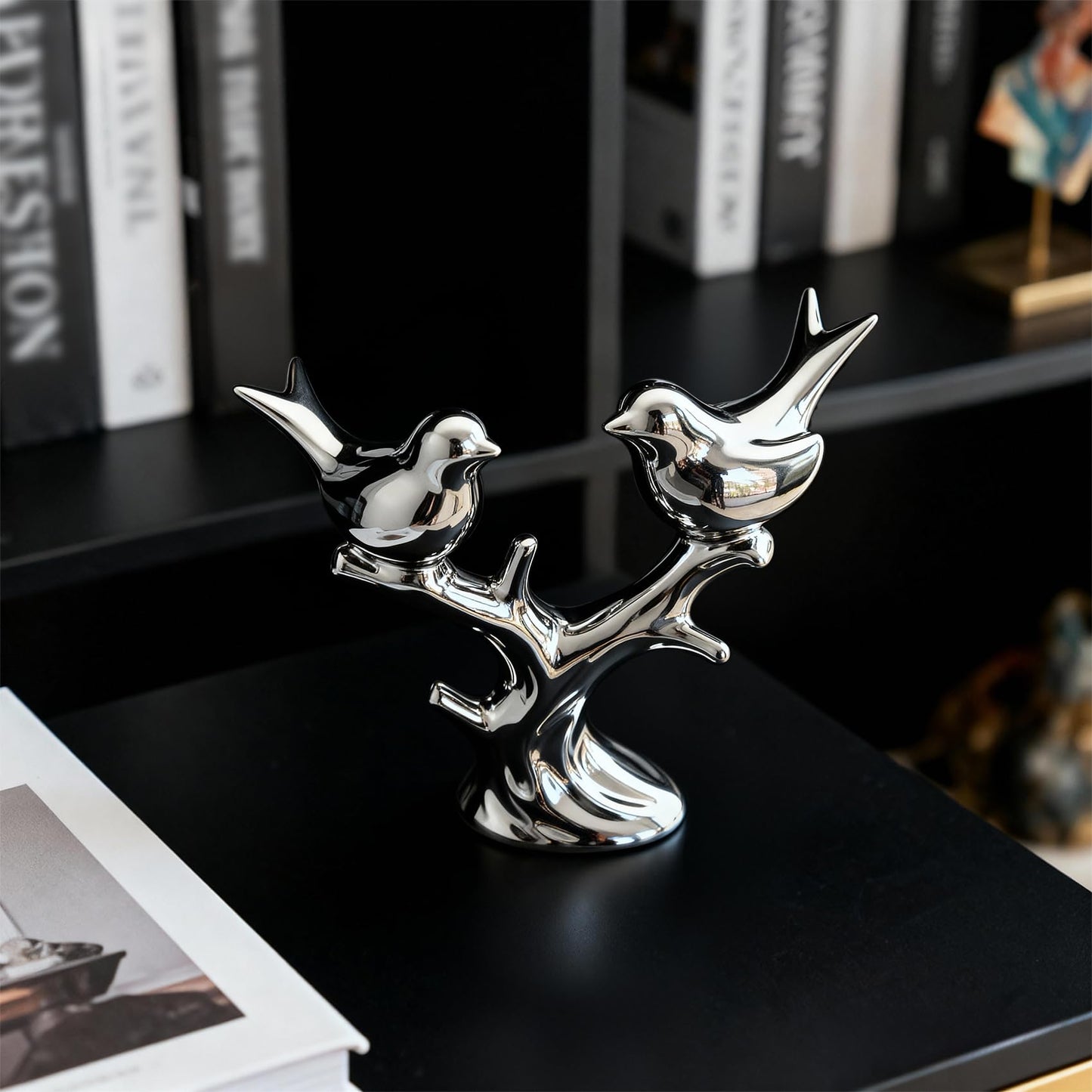 Jubiluxor Silver Ceramic Bird Statue, Mirror Chrome Finish, Two Lovebirds on Branch, 7-Inch Mantel & Bookshelf Decor, Modern Home Sculpture, Housewarming Wedding