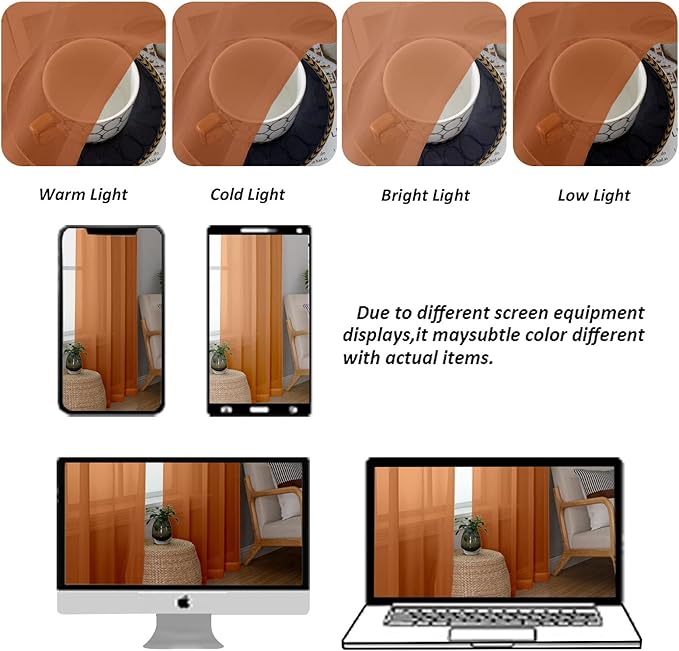 Chyhomenyc Sheer Valances for Windows 2 Pack, Small Window Curtains for Living Room Bathroom Cafe Laundry Basement, Modern Top Dual Rod Pocket Voile Curtain, 42W x 18L inches, Orange