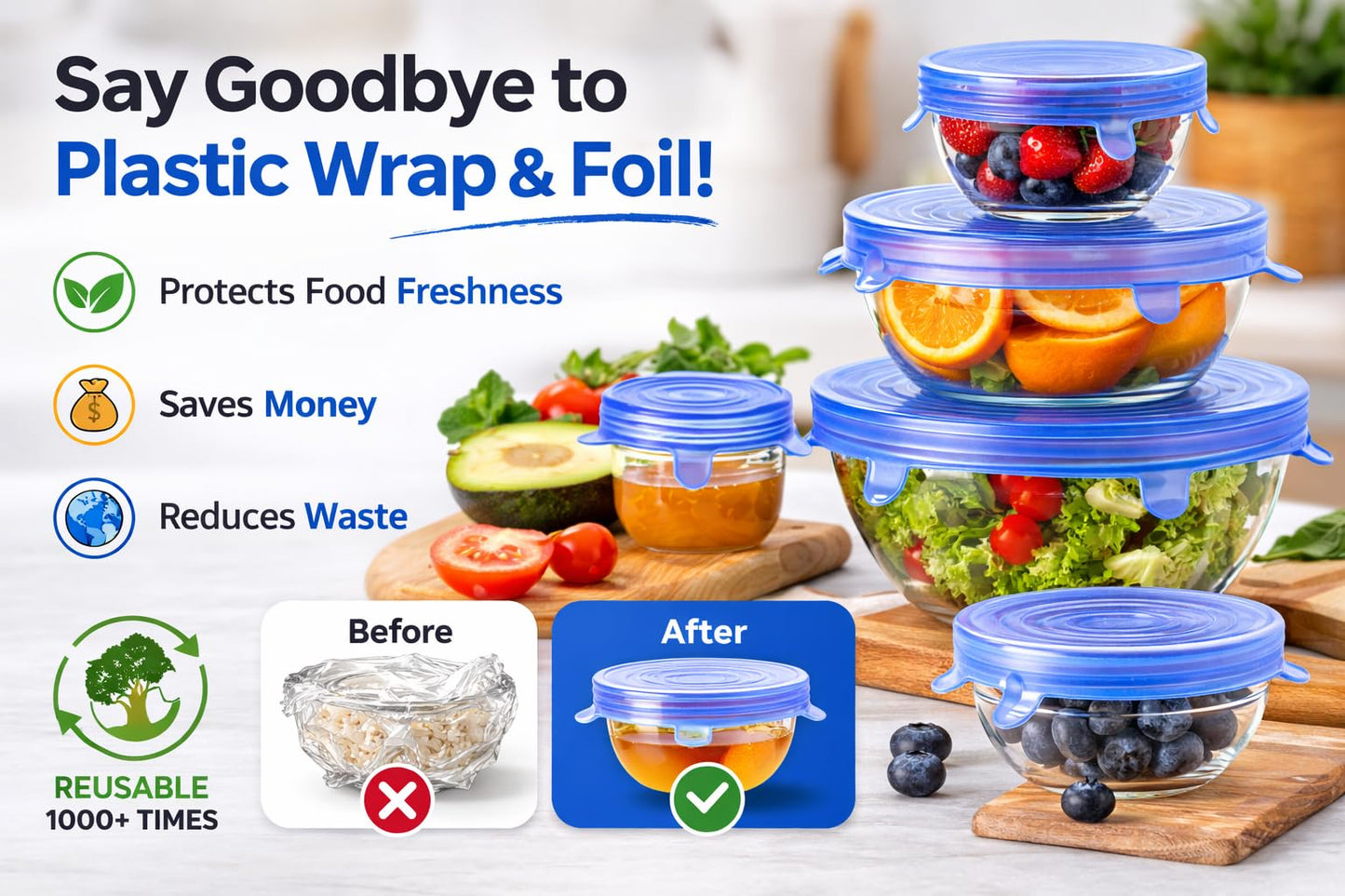 IZEM Premium Reusable Silicone Stretch Lids Set – 12 Pack (6 Round Blue + 6 Rectangle White) BPA-Free, Airtight & Leakproof Bowl Covers + 500ml Silicone Bag, Funnel & Brush