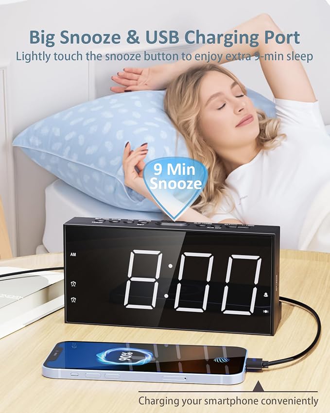 Alarm Clock for Heavy Sleepers with Bed Shaker, Vibrating Alarm Clock | Dual Alarms, USB Charger, 7.5" Large LED Display, 5 Dimmer, Snooze, 12/24H &DST, Plug in Clock with Memory Function